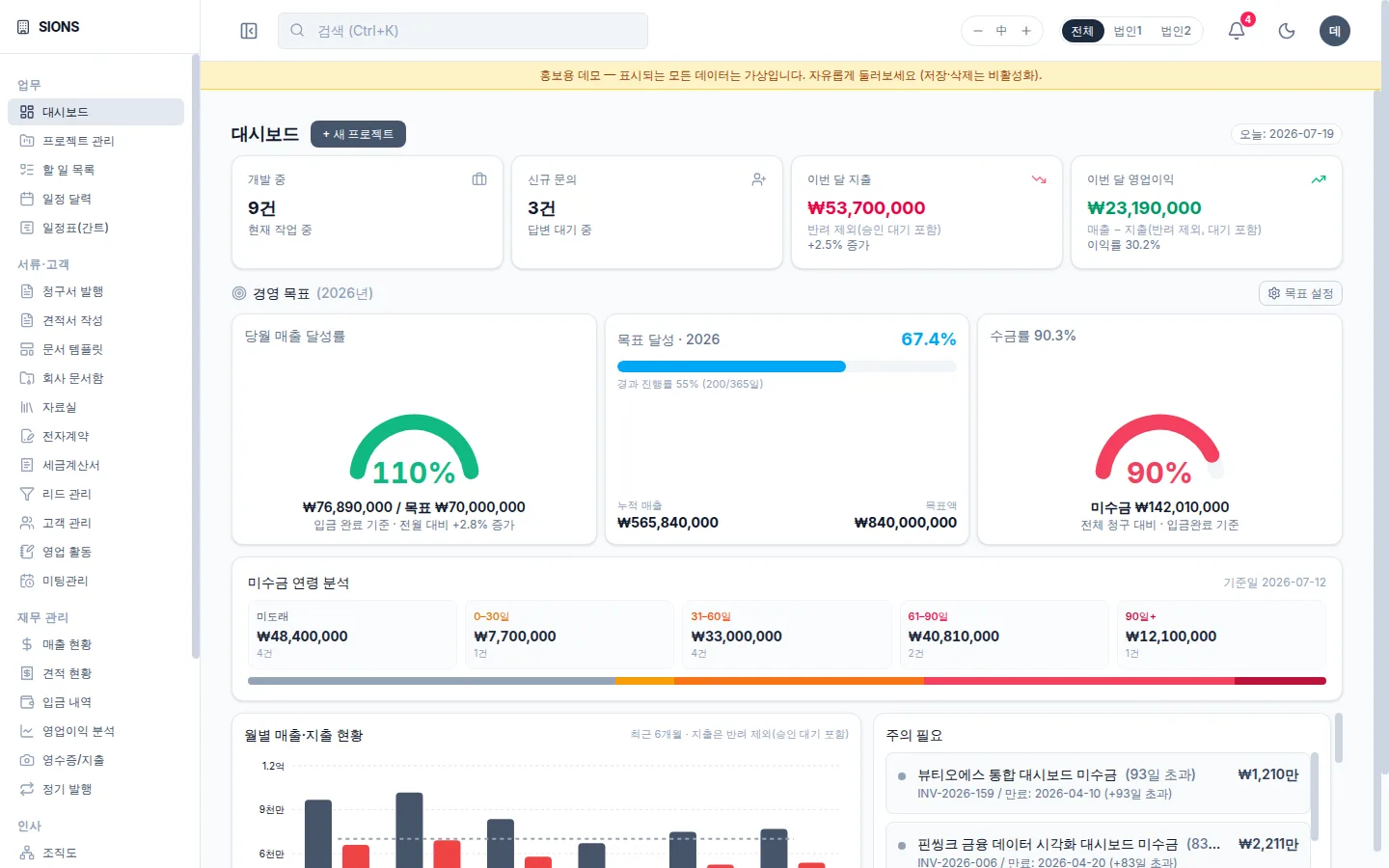 데스크톱 대시보드 화면
